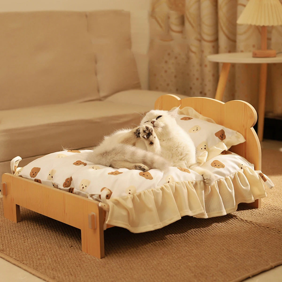 Wooden Cat & Dog Bed – Teddy Bear Pattern Indoor Pet Furniture (50x28 cm)