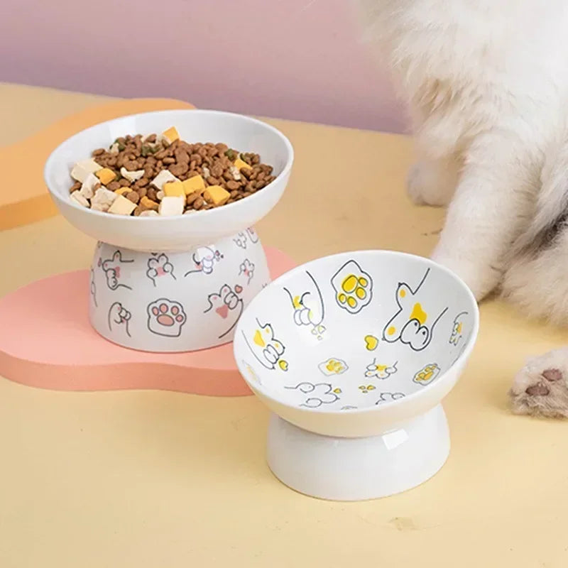 Ceramic Cat Bowl Water Bowl for Cats and small Dogs High Foot Design Protects Cervical Vertebra Oblique Opening Pet Bowl