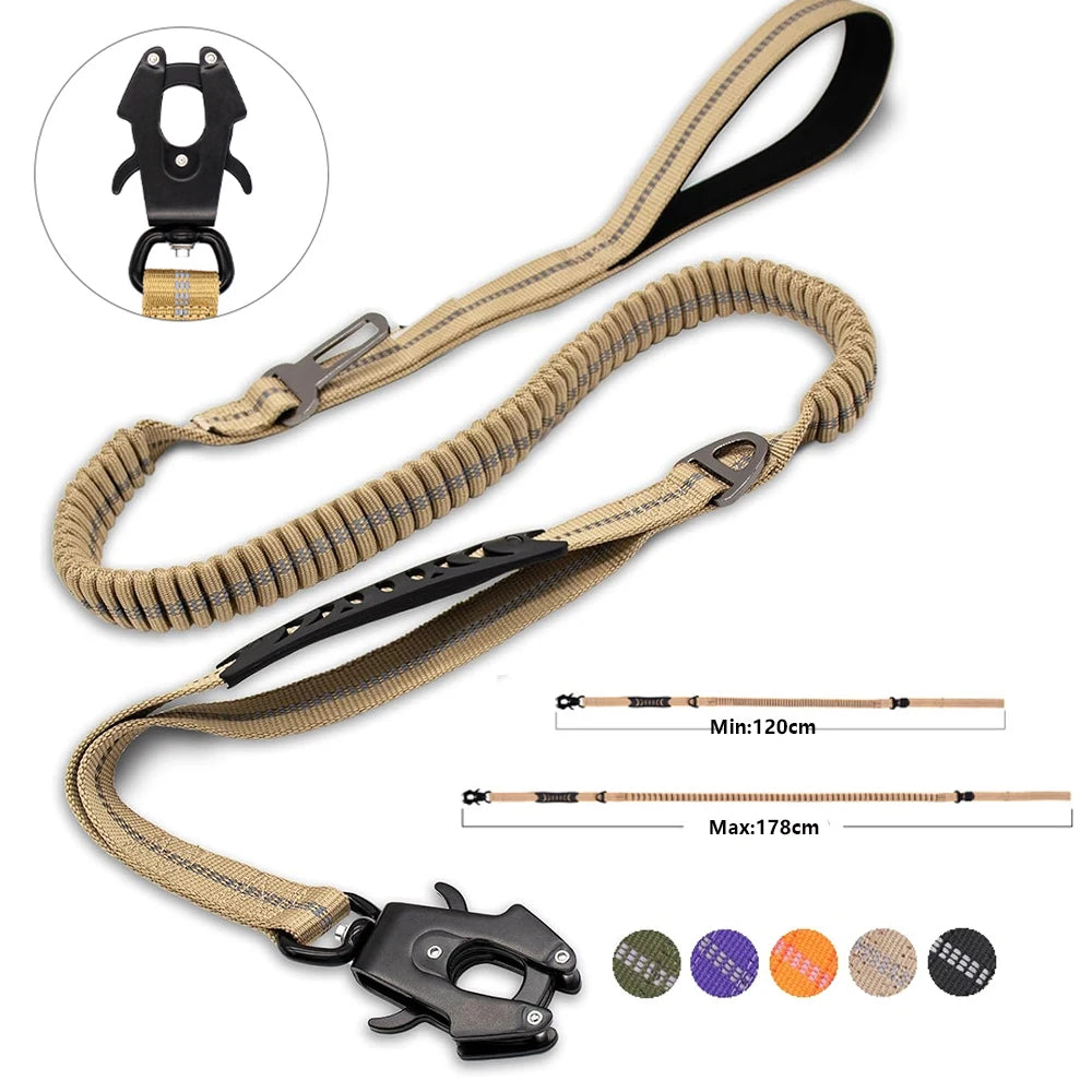 Heavy Duty Reflective Tactical Bungee Dog Leash with Quick-Release Carabiner