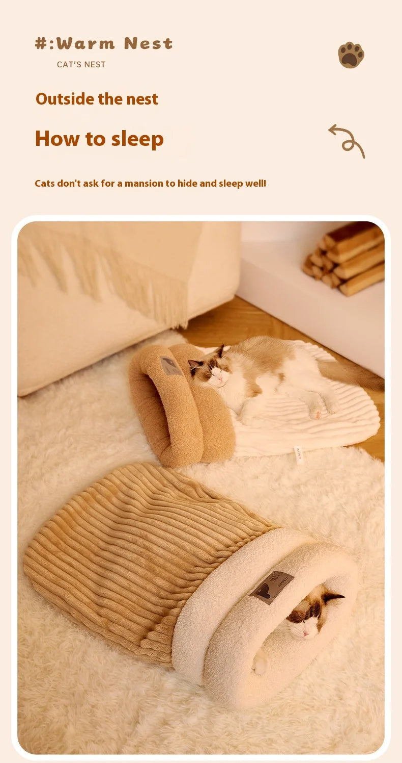 Semi-Enclosed Cat Sleeping Bag – Winter Warm Plush Bed for Cats & Small Dogs