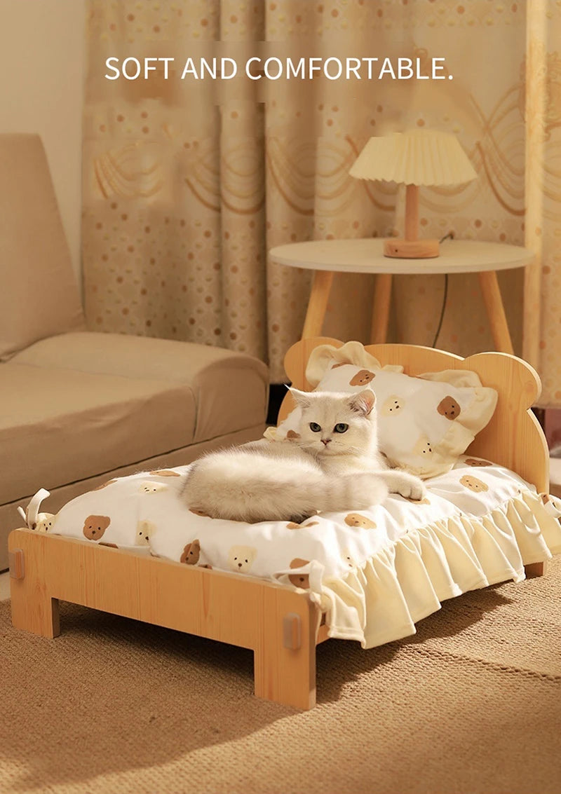 Wooden Cat & Dog Bed – Teddy Bear Pattern Indoor Pet Furniture (50x28 cm)