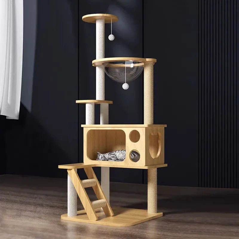 5-Layer Wooden Cat Scratching Post – Multi-Tier Climbing Tower for Cats