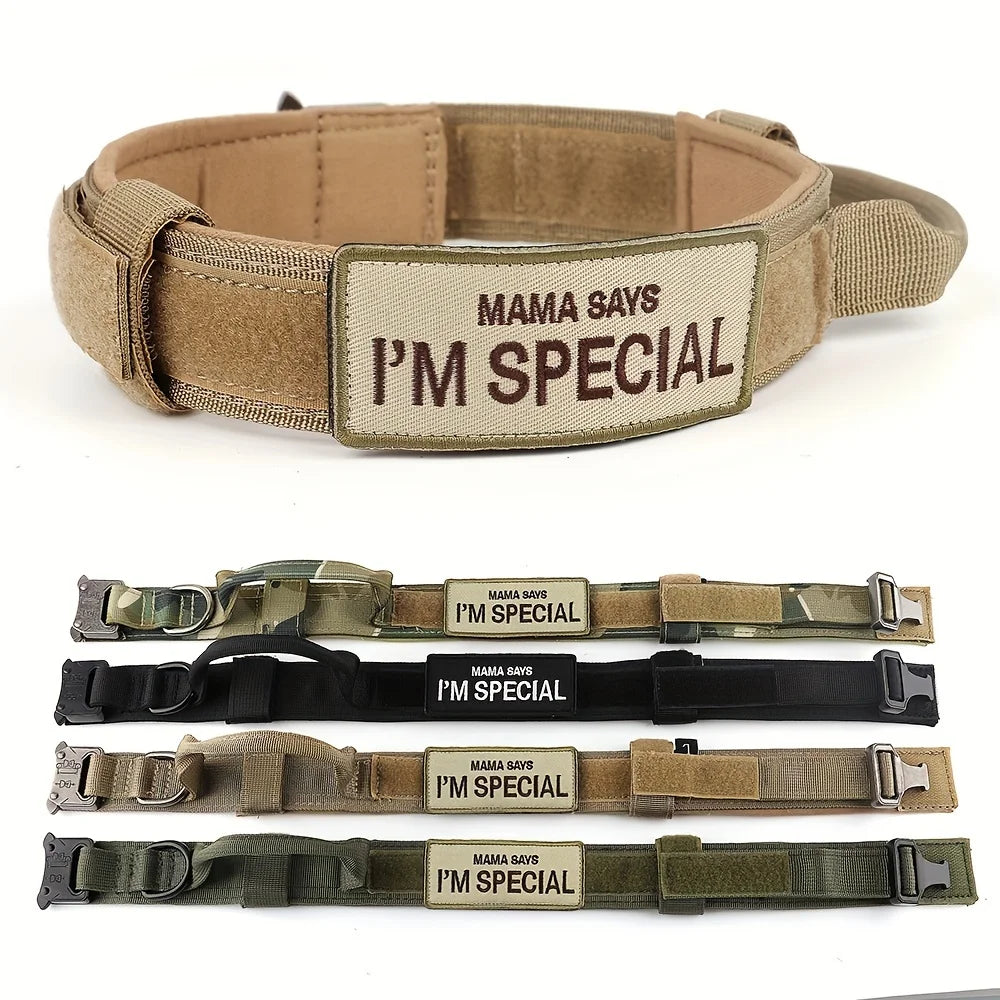 Heavy Duty Tactical Dog Collar with Handle - Military K9 Collar with Patch for Training & Outdoor Walking, Ideal for Medium & Large Dogs