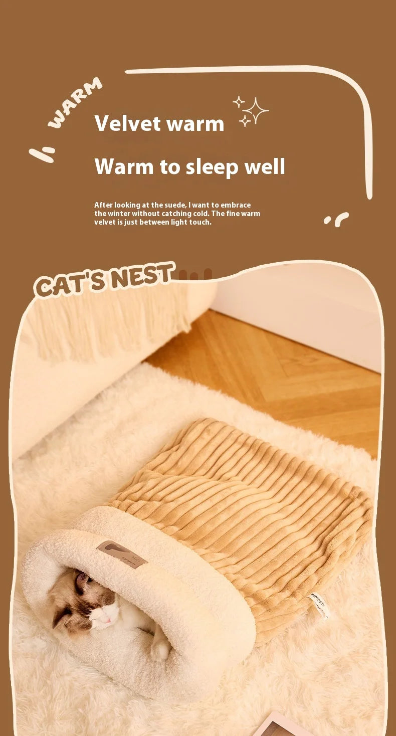 Semi-Enclosed Cat Sleeping Bag – Winter Warm Plush Bed for Cats & Small Dogs