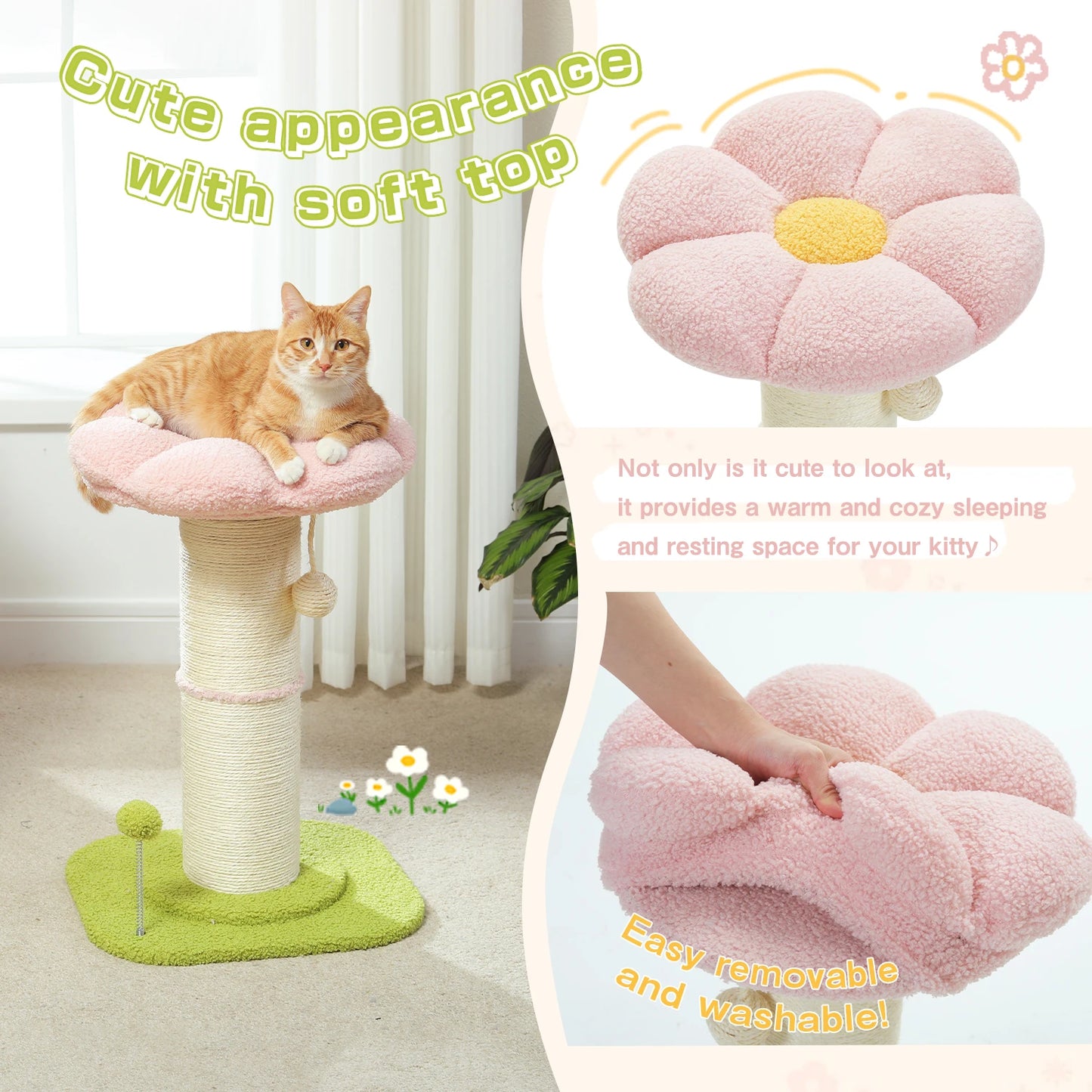 Road Flower Cat Scratching Post with Sisal and Play Balls – Double Tier