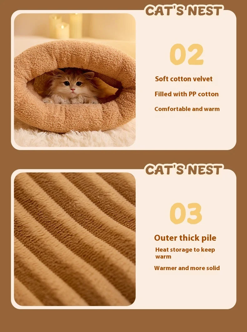 Semi-Enclosed Cat Sleeping Bag – Winter Warm Plush Bed for Cats & Small Dogs