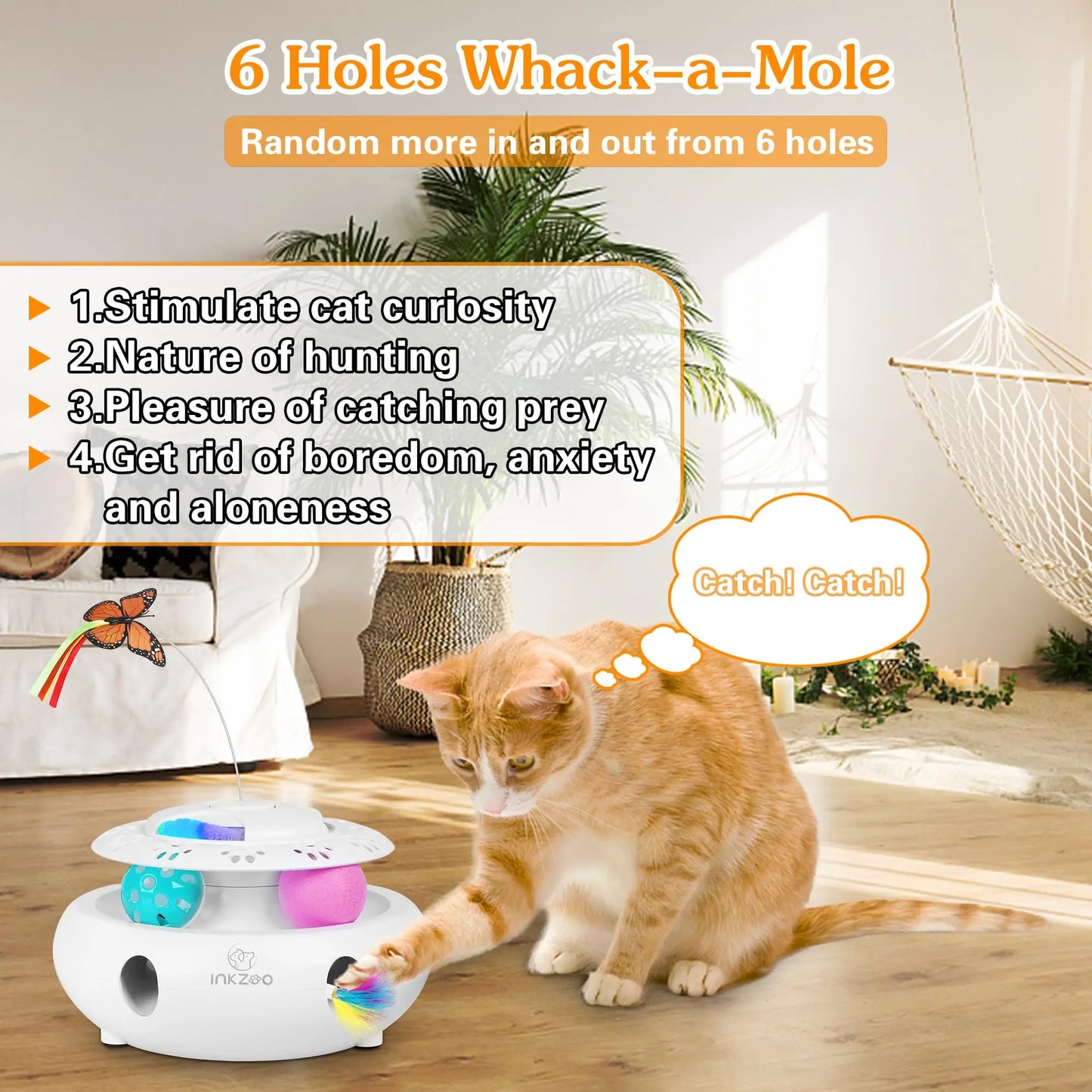 4-in-1 Interactive Cat Toy for Indoor Cats – Automatic Whack-A-Mole with 6 Holes, Fluttering Butterfly, Track Balls USB Rechargeable