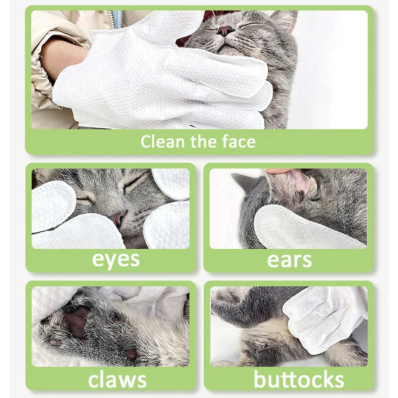 Pet Wash-Free Cleaning Gloves – Bathing, Deodorizing, and Dry Cleaning Wet Wipes for Cats, Dogs, Puppies, and Kittens 6-Piece Set