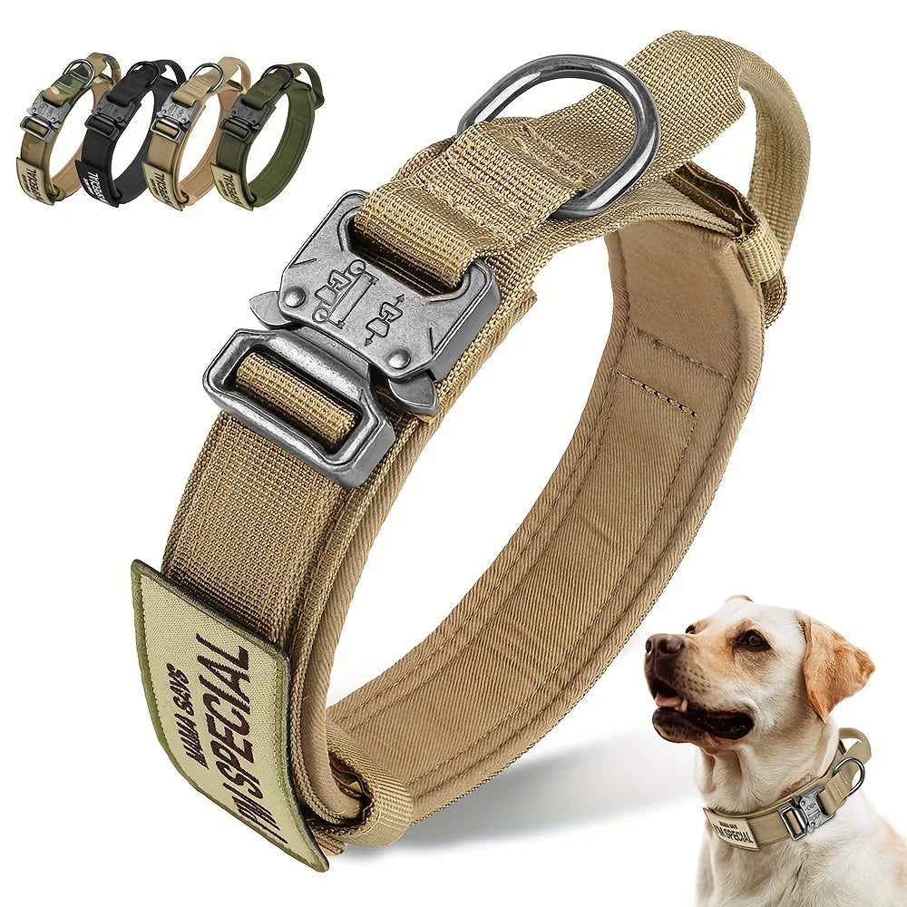 Heavy Duty Tactical Dog Collar with Handle - Military K9 Collar with Patch for Training & Outdoor Walking, Ideal for Medium & Large Dogs