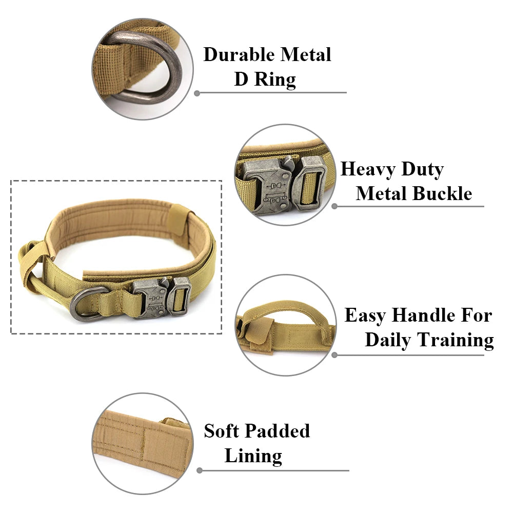 Heavy Duty Tactical Dog Collar with Handle - Military K9 Collar with Patch for Training & Outdoor Walking, Ideal for Medium & Large Dogs