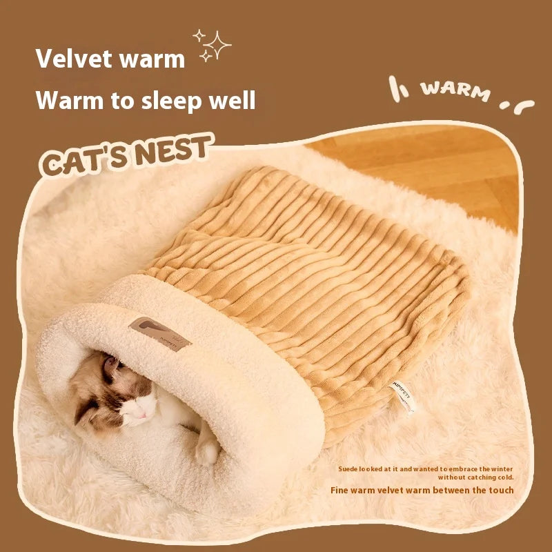 Semi-Enclosed Cat Sleeping Bag – Winter Warm Plush Bed for Cats & Small Dogs