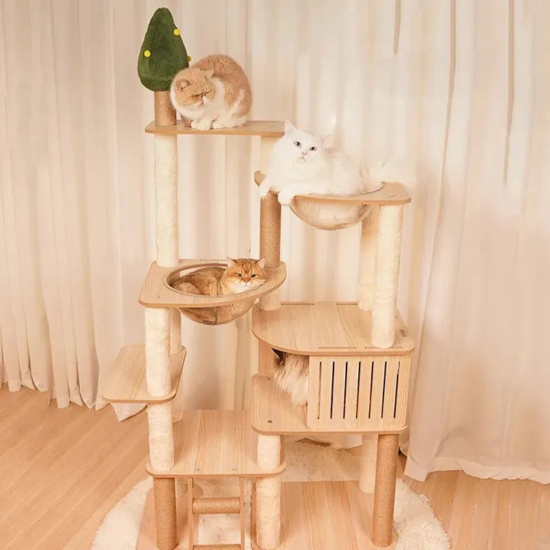 5-Layer Wooden Cat Scratching Post – Multi-Tier Climbing Tower for Cats