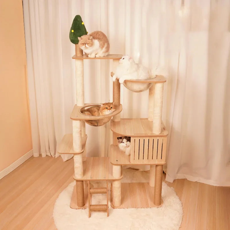 5-Layer Wooden Cat Scratching Post – Multi-Tier Climbing Tower for Cats