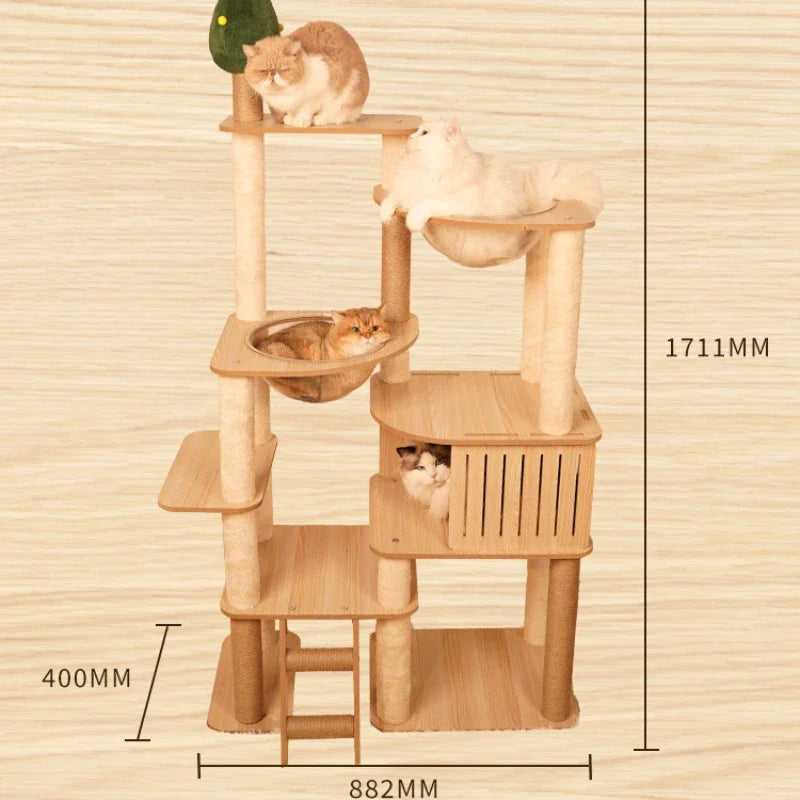 5-Layer Wooden Cat Scratching Post – Multi-Tier Climbing Tower for Cats